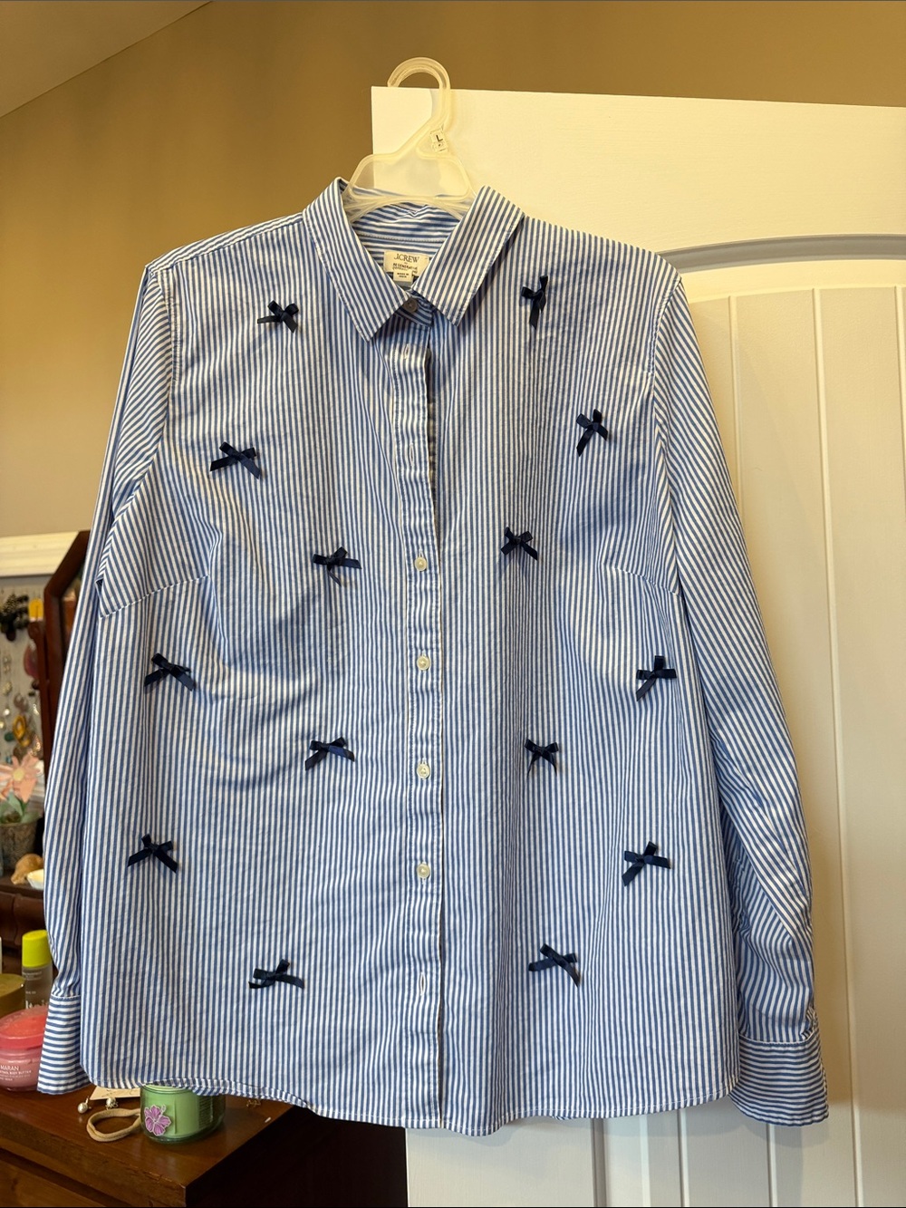 J. Crew Blue and White Striped Button-Down with Navy Bow Appliqués